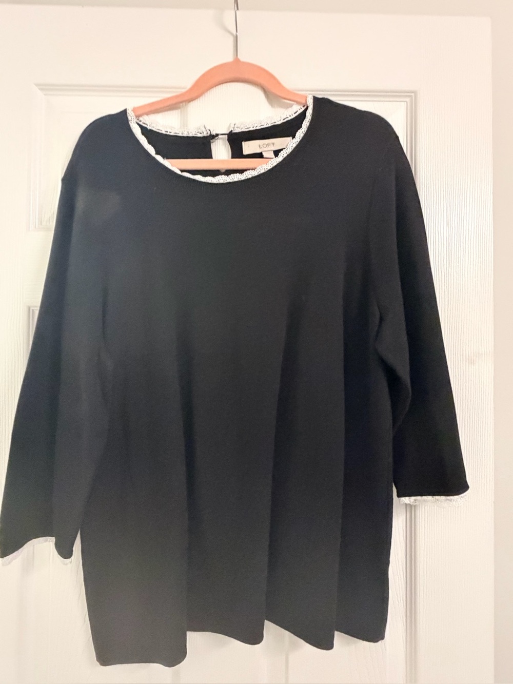 LOFT Black Long Sleeve Crewneck Top with White Trim